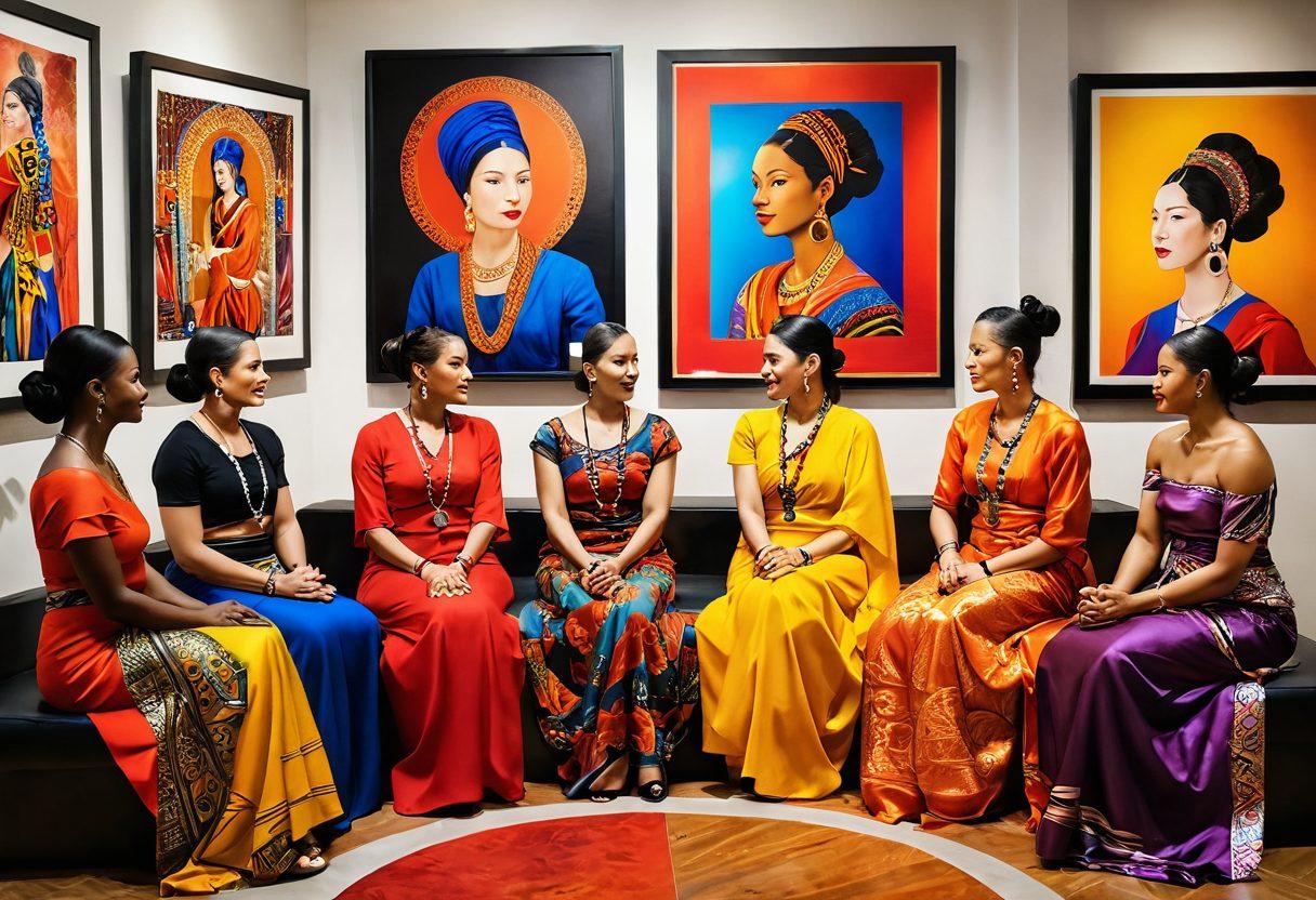 A diverse group of women from various cultures engaged in a vibrant conversation while surrounded by stunning artworks that celebrate female beauty. Incorporate traditional and contemporary art pieces in the background, showcasing diverse styles and colors. The women should wear colorful attire that represents their heritage, and the setting should be a bright, inviting gallery with natural light. super-realistic. vibrant colors. artistic flair.