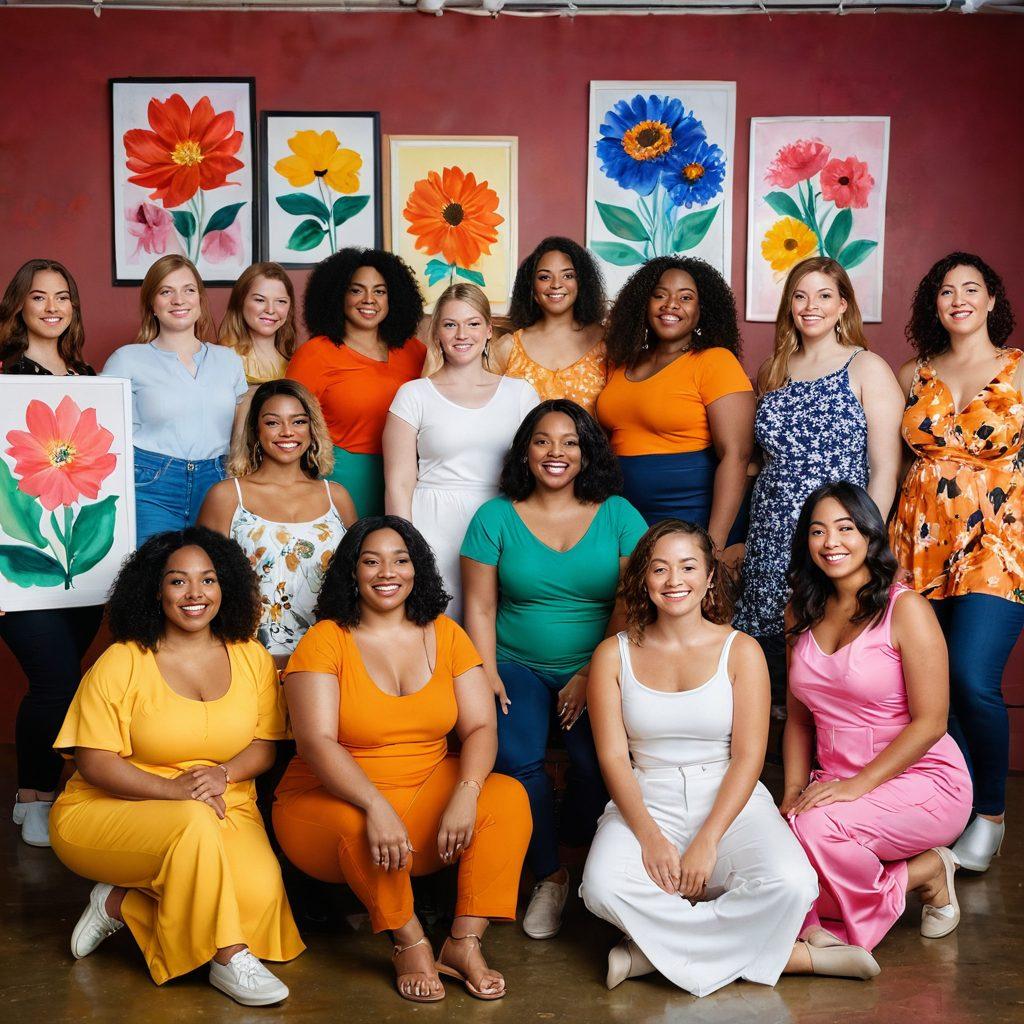 A diverse group of women of various shapes and ethnicities joyfully posing together in an art studio filled with colorful paintings celebrating body positivity. Emphasize their vibrant clothing and self-confidence, with elements of nature like flowers and soft lighting in the background, enhancing the feeling of empowerment and celebration. The atmosphere should feel creative yet intimate. super-realistic. vibrant colors. soft focus.